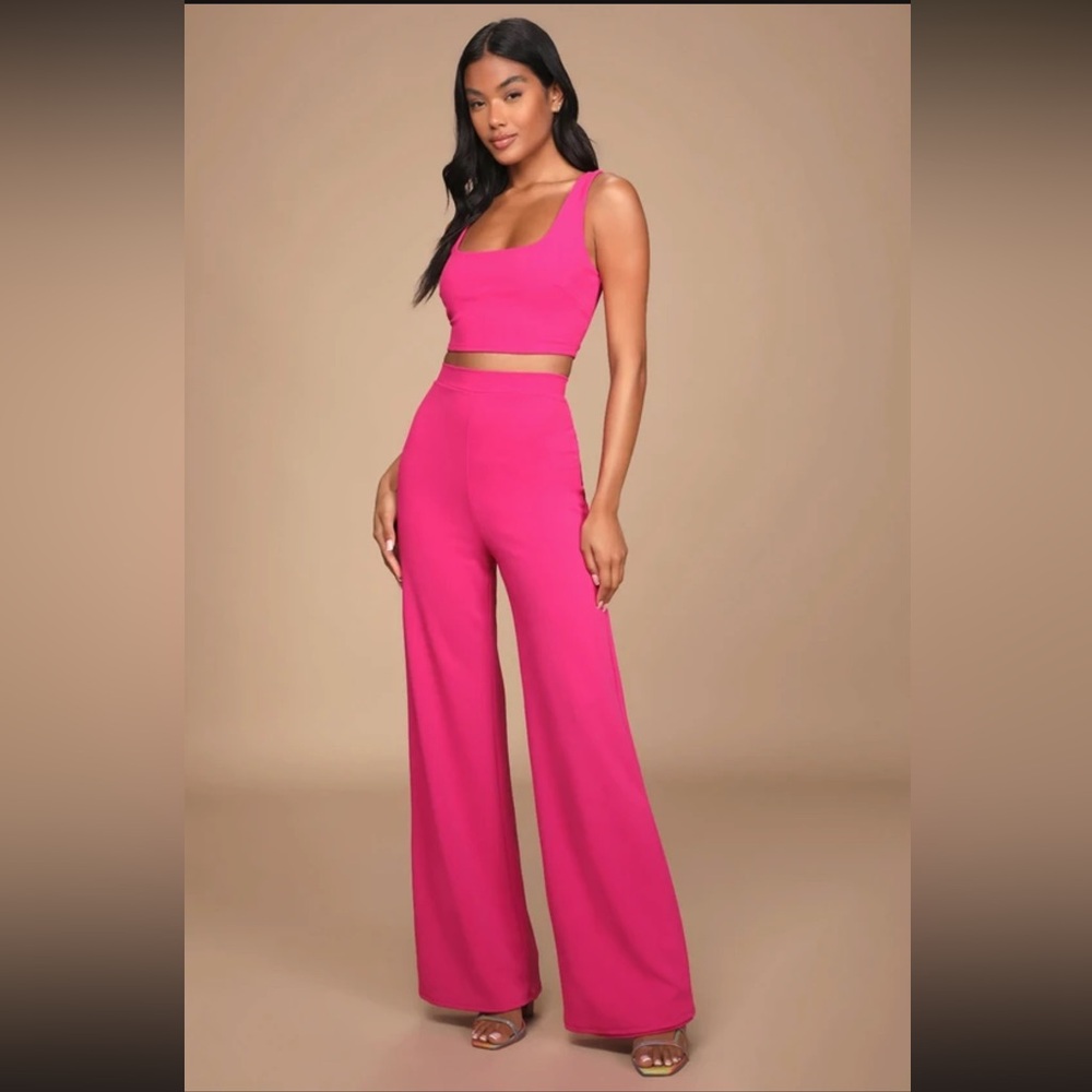 Lulu's Bright Pink Two-Piece Wide-Leg Jumpsuit Set